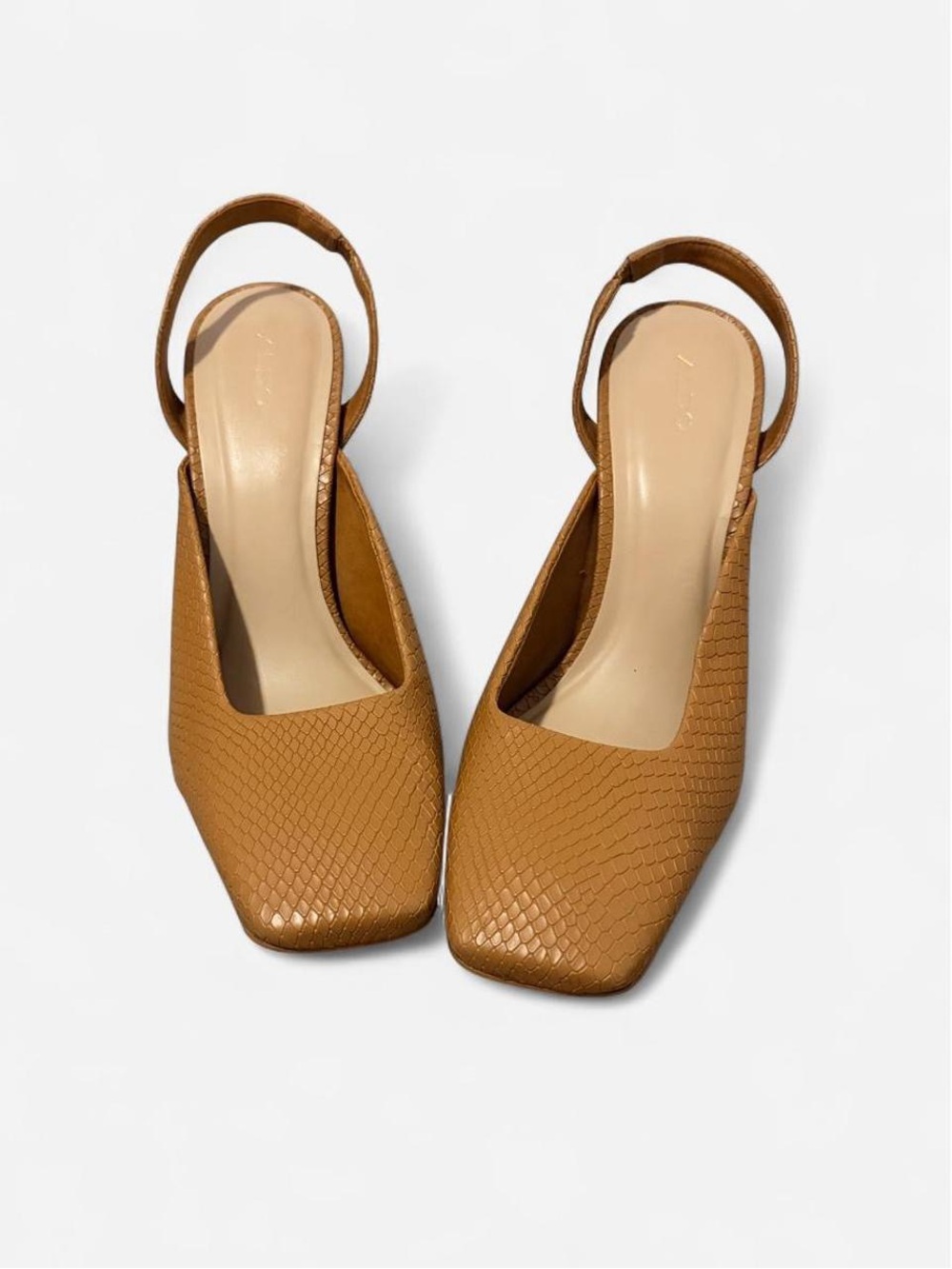 Aldo Tan Textured Slingback Square-Toe Heels